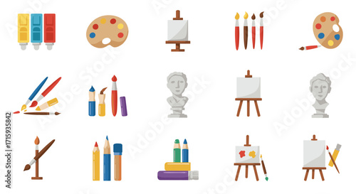 Flat design art tools set: brushes, easels, palettes, and sculptures