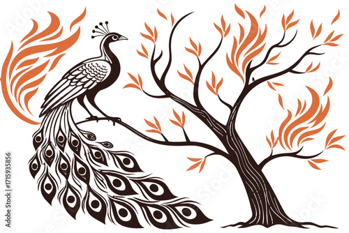 Stylized graphic peacock with ornate flowing tail perched on a tree featuring fiery orange leaves.