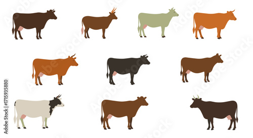 Diverse cattle silhouettes in flat design showcasing various breeds
