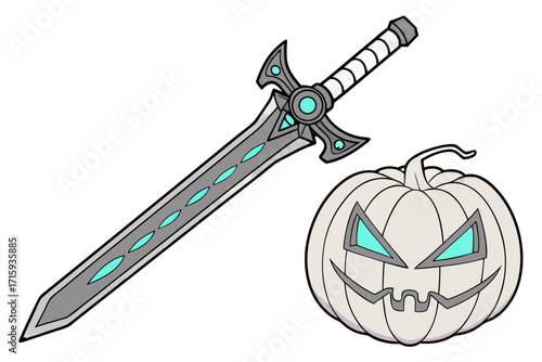 Stylized Grey Fantasy Sword with Turquoise Glow Accents and Spooky Light Grey JackoLantern.
