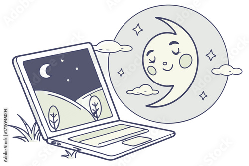 Stylized laptop with night landscape on screen featuring a cheerful anthropomorphic moon.