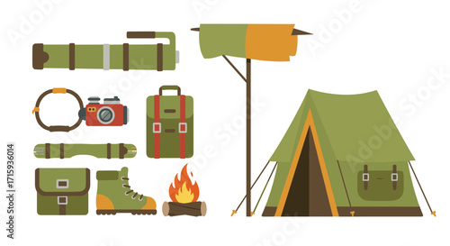 Camping gear collection with tent, backpack, and campfire elements in flat design