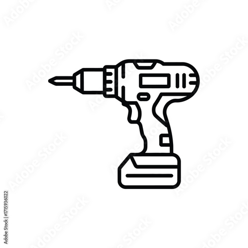 Simple black and white line drawing illustration of a power drill for vector graphics eps format silhouette vector illustration white background