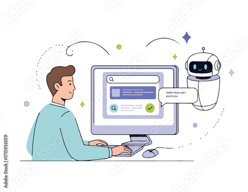 Search concept. Character using artificial intelligence generative tools for searching or browsing internet. boy integrating with robot. SEO concept. Vector illustration.