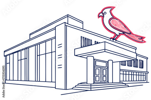 Stylized modern building outline featuring a vibrant pink cardinal bird perched on the flat roof.