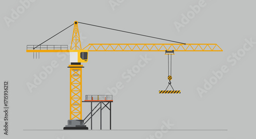 Yellow tower crane on construction site in minimalist flat design