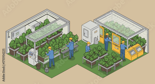 Isometric indoor hydroponic farm with workers in greenhouse setup for sustainable gardening