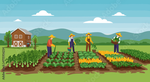 Community farming scene with farmers working in vegetable garden