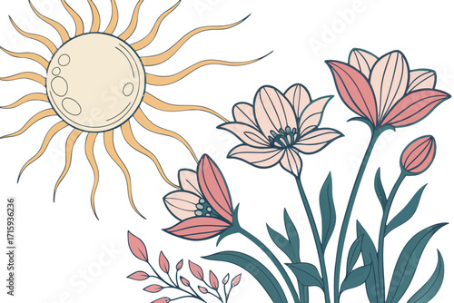 Stylized Sun and Blooming Flowers Illustration with Cream Pink and Teal Hues.