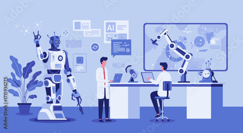 Advanced robotics laboratory with scientists and ai technology in modern workspace
