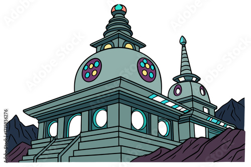 Stylized teal temple illustration featuring vibrant domes pointed spires and intricate architectural details.