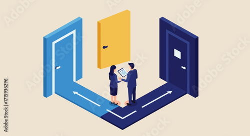 Decision making in business: businesspeople discussing options at a crossroads