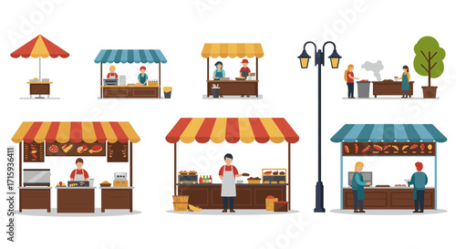 Charming market stalls with vendors and shoppers in flat design
