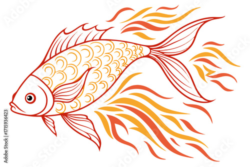 Stylized vibrant goldfish with red outline intricate orange scales and flowing fiery fins.