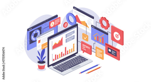 Digital workspace with isometric charts and graphs on laptop for data analysis