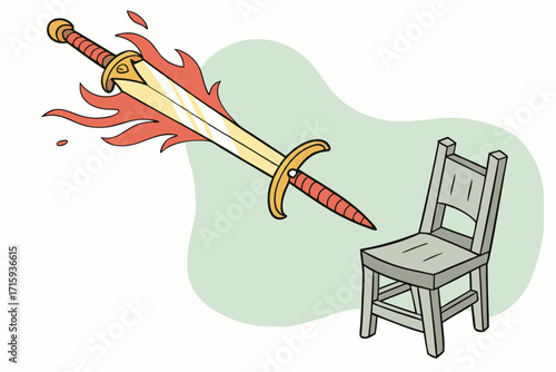 Vibrant cartoon flaming sword with golden hilt and redorange aura alongside a rustic light gray wooden chair.