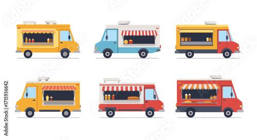 Colorful flat food trucks with various fast food offerings