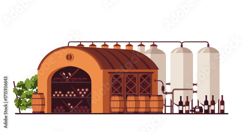Wine cellar with barrels and tanks in flat style