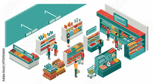 Isometric supermarket scene with shoppers browsing and buying groceries