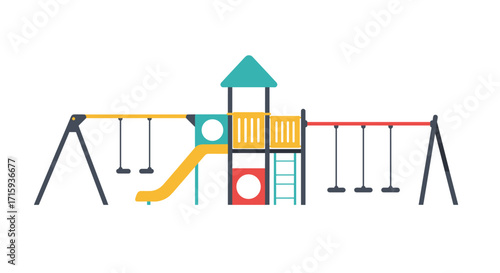 Colorful playground equipment with swings and slide in flat design