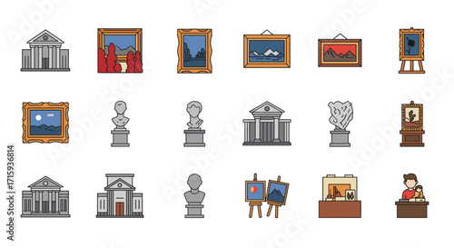 Art gallery icons collection: framed paintings and sculptures