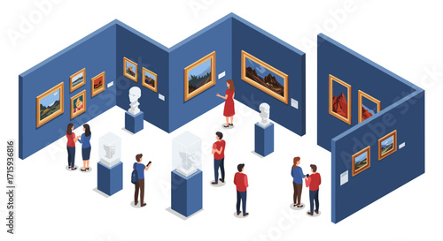 Isometric art gallery with visitors exploring exhibits