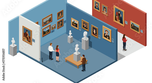 Modern art gallery with visitors in isometric style