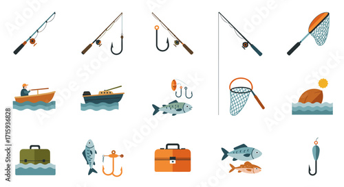 Fishing icon set: rods, hooks, boats, fish, and nets in flat design