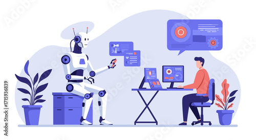 Human collaborating with robot in modern office setting