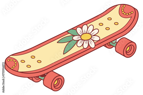 Vibrant Retro Skateboard with Daisy Flower and Yellow Dots Illustration Isometric View.