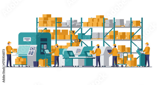Modern warehouse operations with automation and robotics in a flat design style