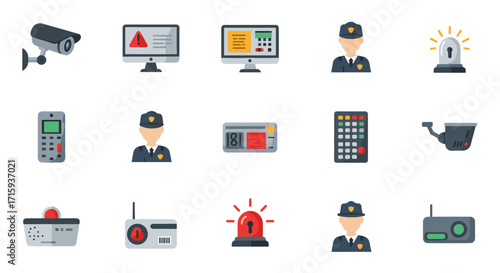 Security and surveillance icons: modern flat design for digital safety applications