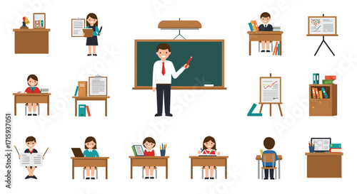School classroom elements with teachers and students in a flat design