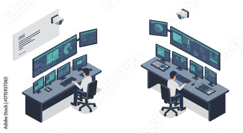 Modern control room setup with isometric design and multiple monitors for surveillance