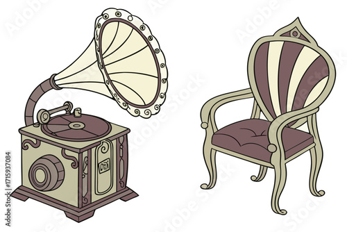 Vintage Gramophone with Ornate Horn and Decorative Cabinet Retro Music Player Illustration.
