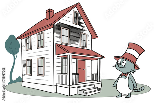 Whimsical cartoon cat in iconic red and white striped top hat red bow tie and white apron standing.