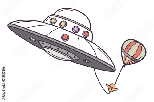 Whimsical cartoon flying saucer UFO pulling striped hot air balloon with tiny planet.