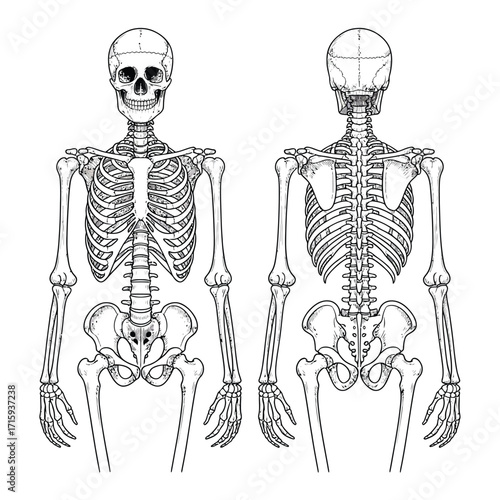 Detailed vector illustration of human skeleton front and back views scalable eps format silhouette vector illustration white background