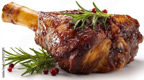 Roasted shinbone meat with fresh rosemary, a culinary delight ready to be devoured.