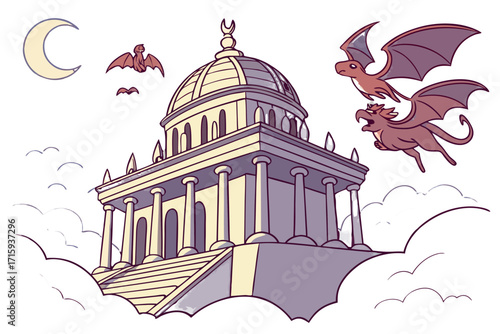 Whimsical cartoon illustration of a grand domed temple with columns crescent finial and flying mythical creatures under a crescent moon.
