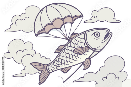 Whimsical stylized fish with parachute featuring detailed scales fins and a dynamic upward flight.