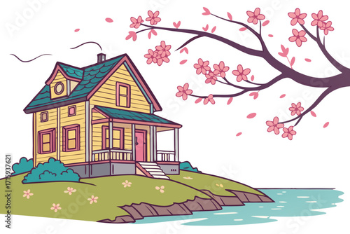 Whimsical yellow house with teal roof and pink door on a green hill by water floating blossoms.