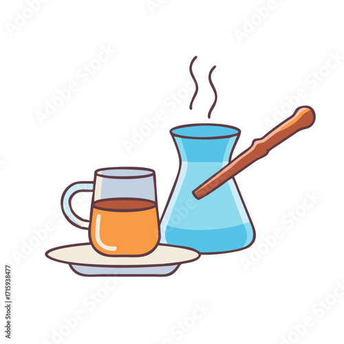 Cartoon image of hot beverage in glass mug and cezve with steam