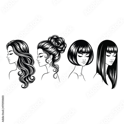 Diverse hairstyles and elegant women portraits sketch collection for beauty and fashion applications silhouette