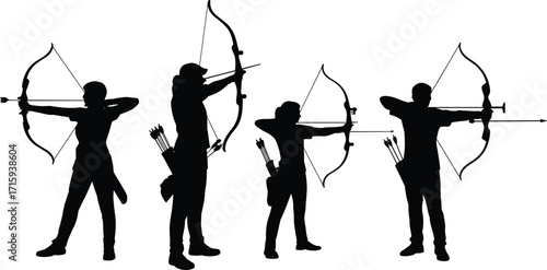 Archery silhouette illustration, bow and arrow pose, black figure, sports action, traditional archery, white background, vector art, athlete stance