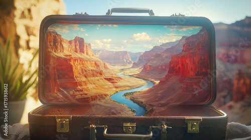 Open suitcase revealing a vivid Grand Canyon panorama
