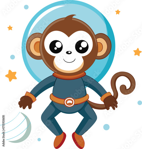 Whimsical monkey astronaut floating in outer space with stars and planets