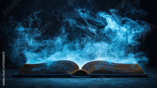 Enchanted book releasing swirling blue smoke in dark atmosphere