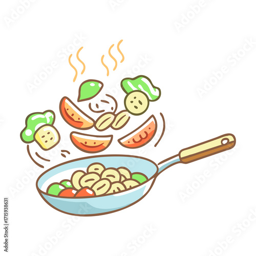 Cartoon illustration of cooking vegetables in a pan or skillet quickly