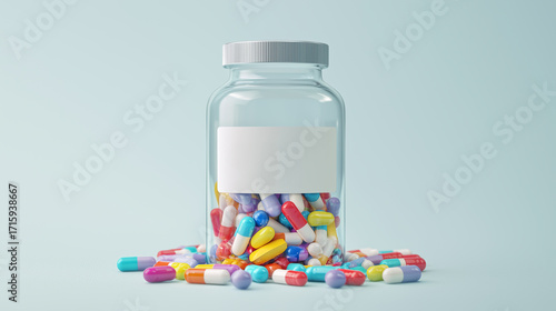 Colorful capsules in a glass jar on a light blue background